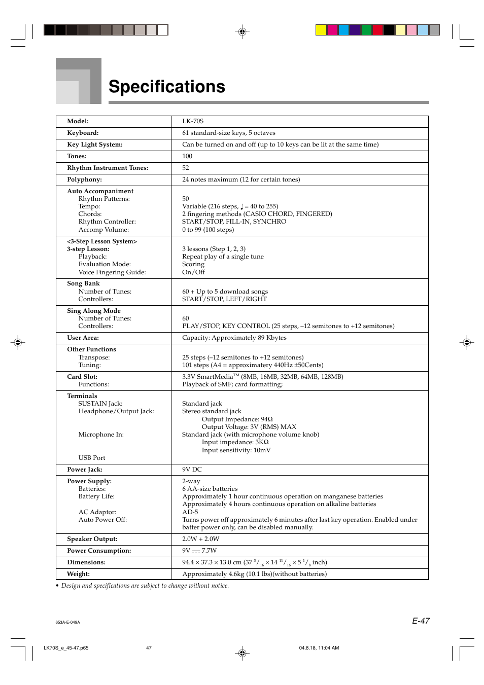 Specifications, E-47 | Casio LK70S User Manual | Page 49 / 59