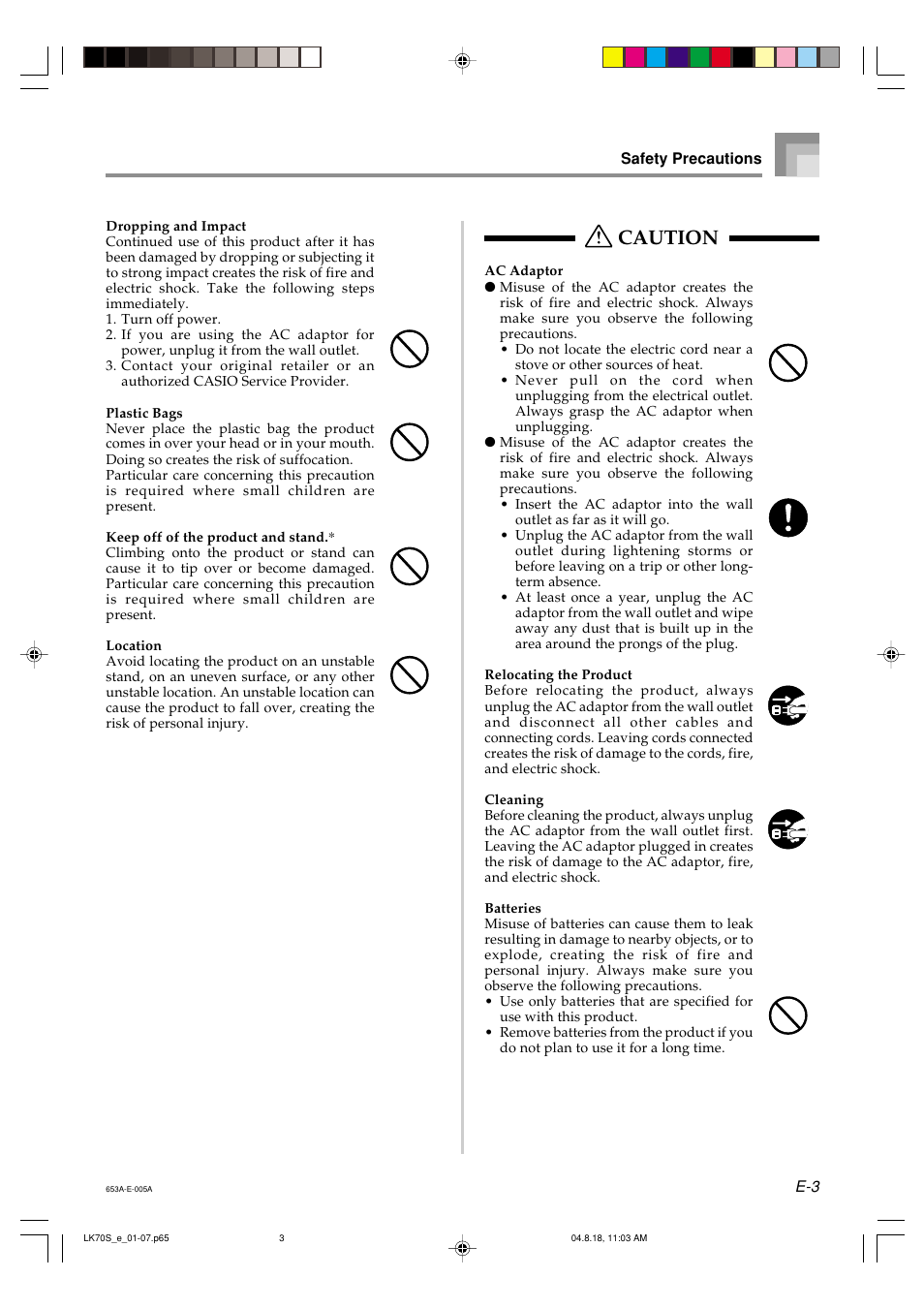 Caution | Casio LK70S User Manual | Page 5 / 59