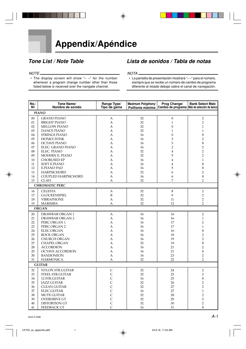 Appendix/apéndice, Lista de sonidos / tabla de notas | Casio LK70S User Manual | Page 50 / 59