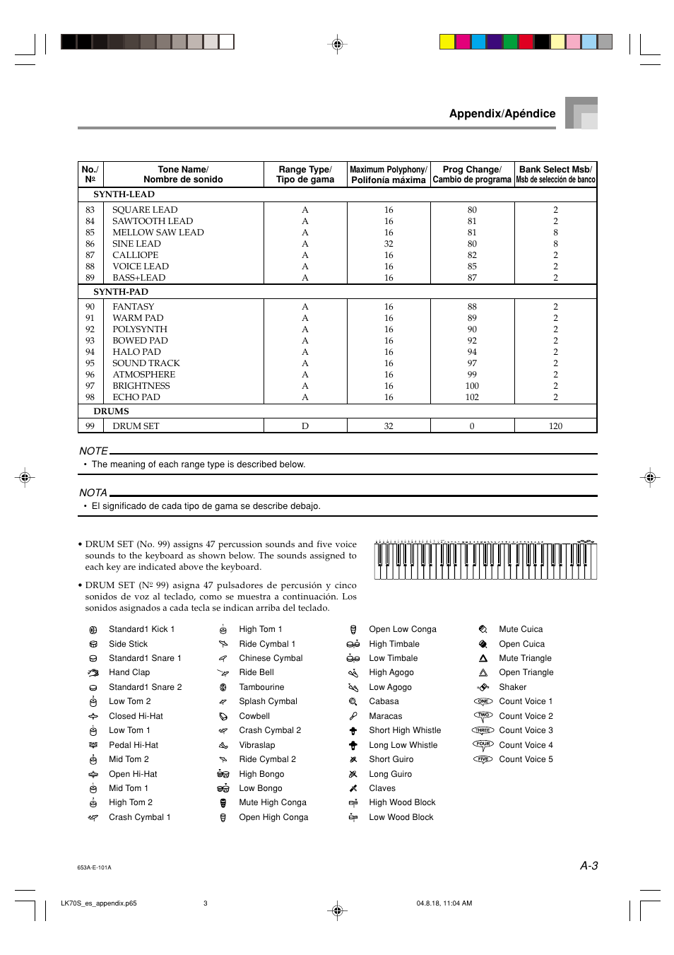 Appendix/apéndice | Casio LK70S User Manual | Page 52 / 59