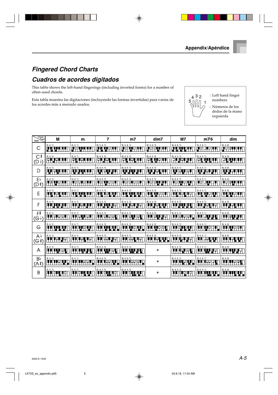 Fingered chord charts cuadros de acordes digitados | Casio LK70S User Manual | Page 54 / 59