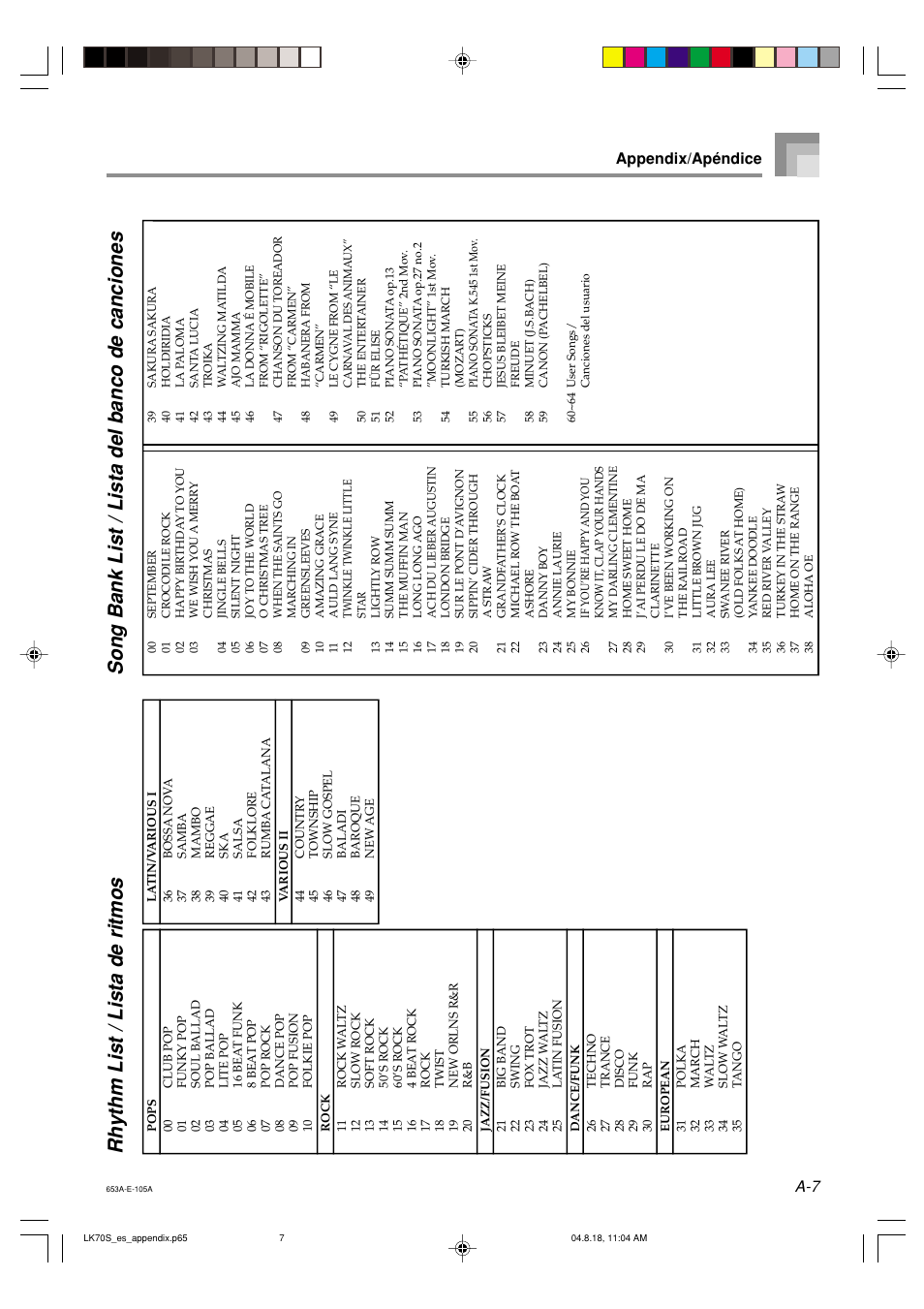 Song bank list / lista del banco de canciones, Rhythm list / lista de ritmos, A-7 appendix/apéndice | Casio LK70S User Manual | Page 56 / 59