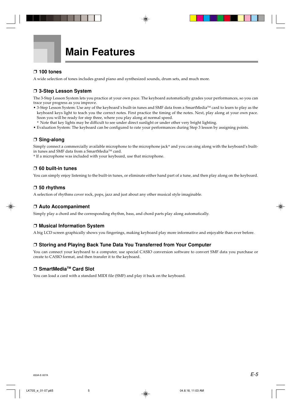 Main features | Casio LK70S User Manual | Page 7 / 59