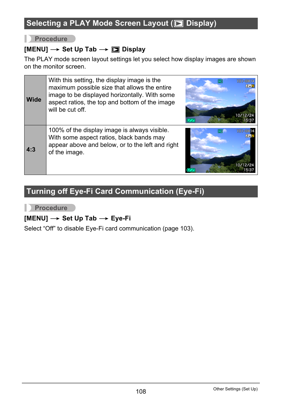 Selecting a play mode screen layout (> display), Turning off eye-fi card communication (eye-fi), Selecting a play mode screen layout ( p display) | Casio EX-Z29 User Manual | Page 108 / 148