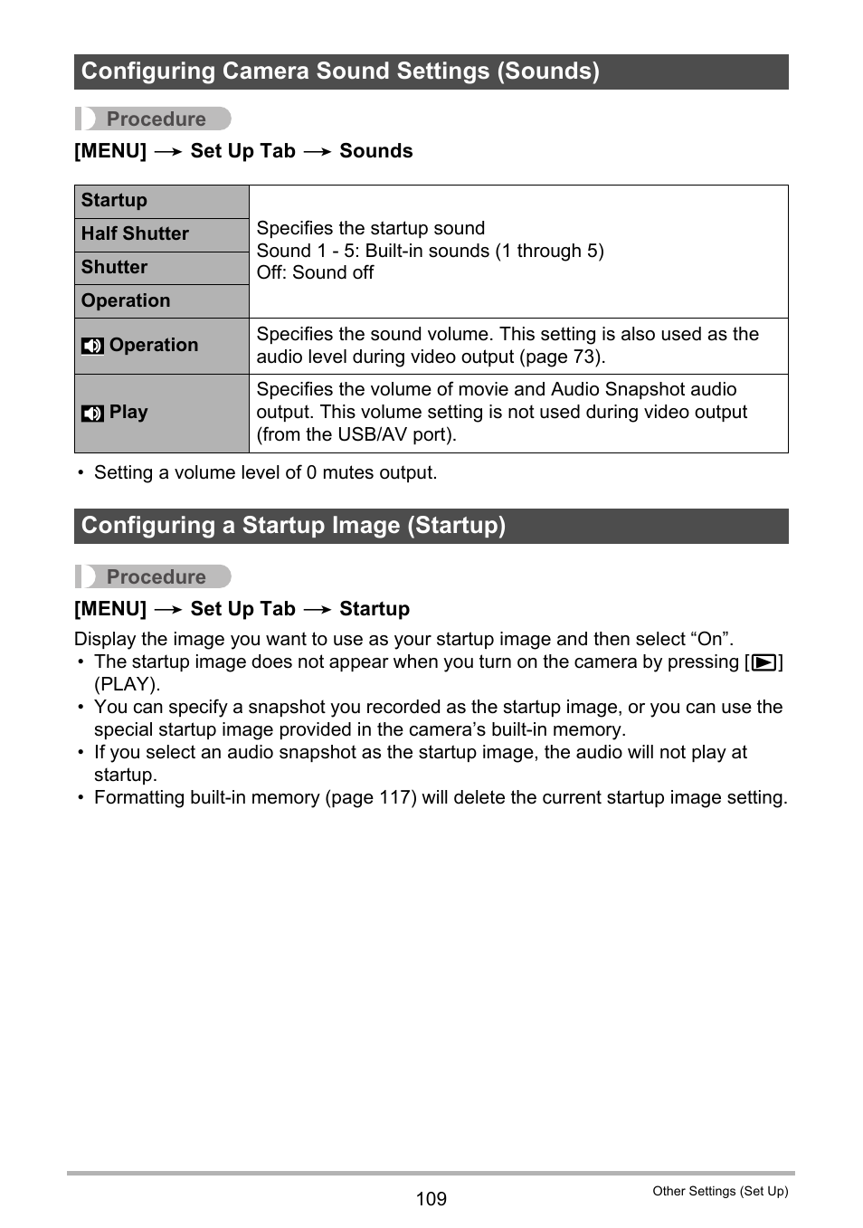 Configuring camera sound settings (sounds), Configuring a startup image (startup) | Casio EX-Z29 User Manual | Page 109 / 148