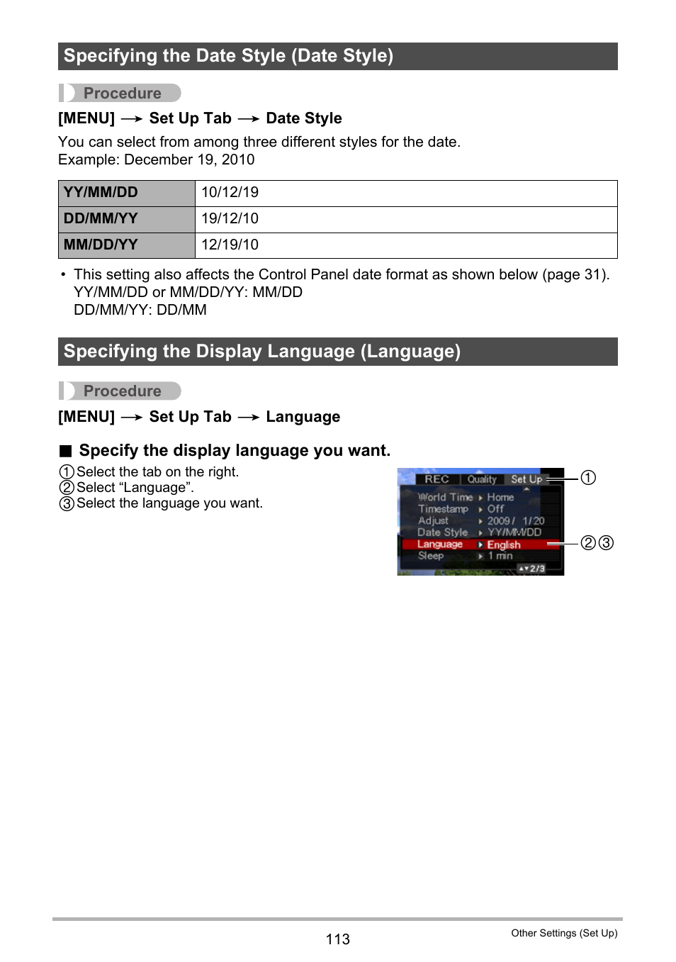 Specifying the date style (date style), Specifying the display language (language) | Casio EX-Z29 User Manual | Page 113 / 148