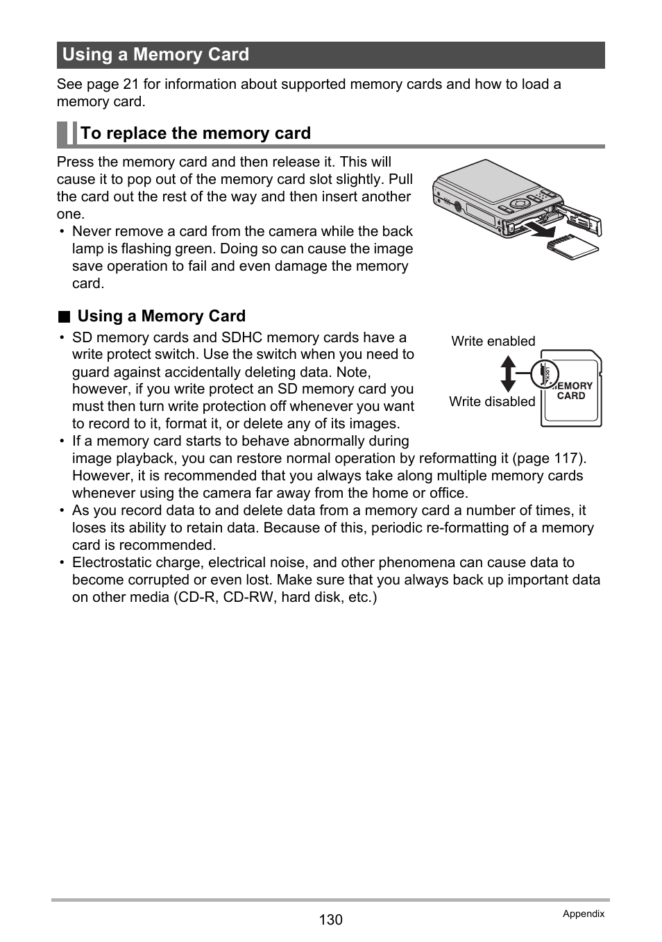 Using a memory card, To replace the memory card | Casio EX-Z29 User Manual | Page 130 / 148