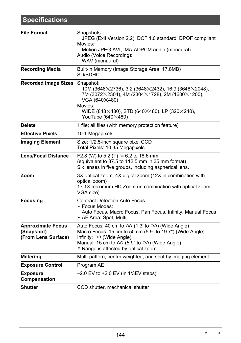 Specifications | Casio EX-Z29 User Manual | Page 144 / 148