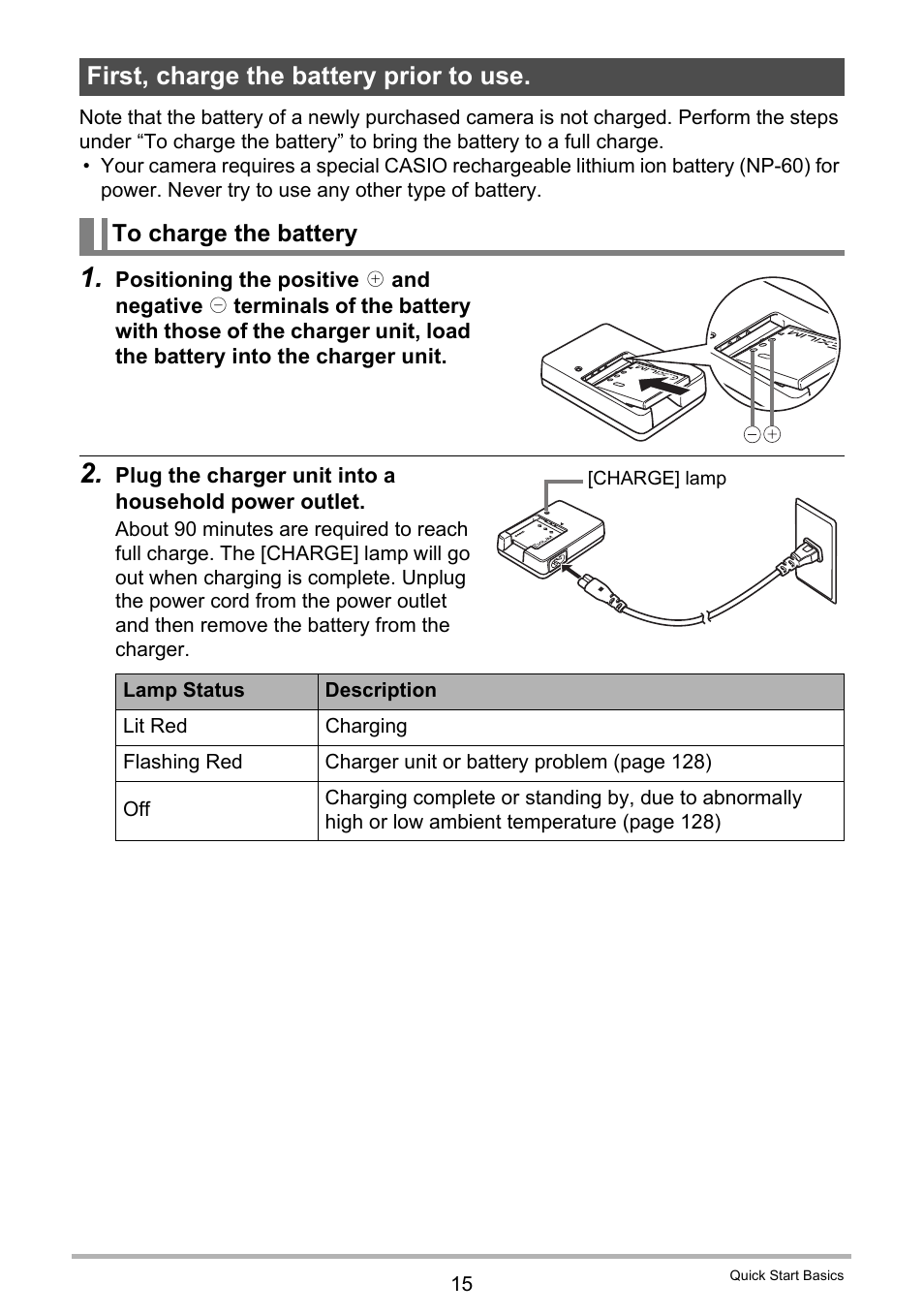 First, charge the battery prior to use, To charge the battery | Casio EX-Z29 User Manual | Page 15 / 148