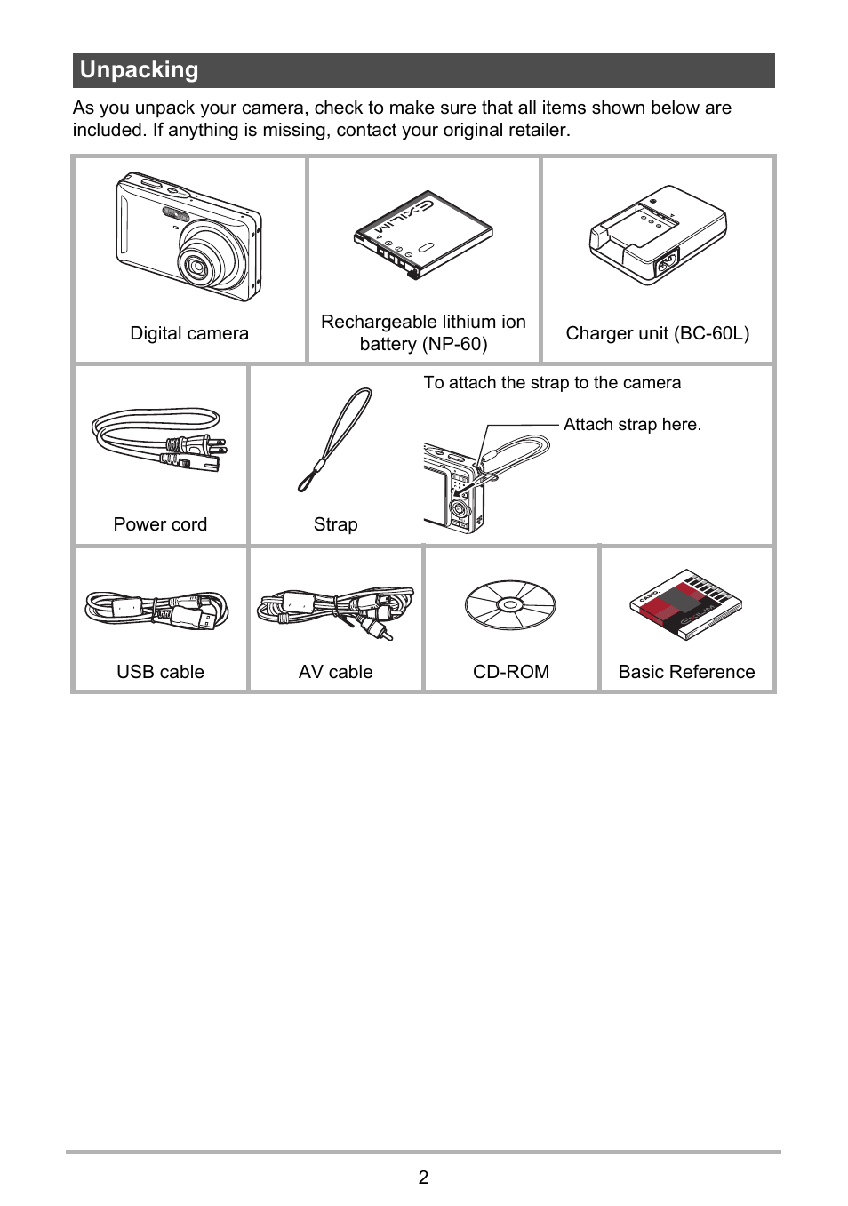 Unpacking | Casio EX-Z29 User Manual | Page 2 / 148