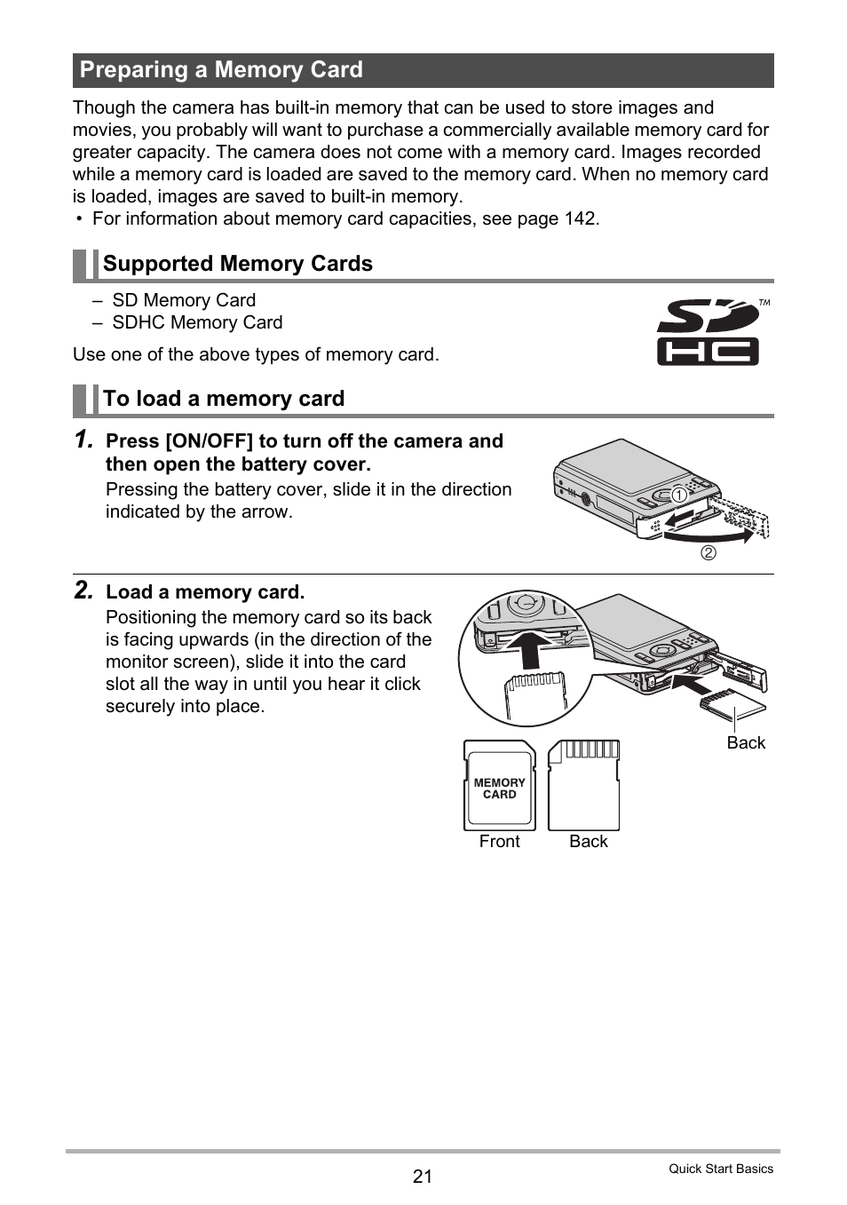 Preparing a memory card, Supported memory cards, To load a memory card | Casio EX-Z29 User Manual | Page 21 / 148