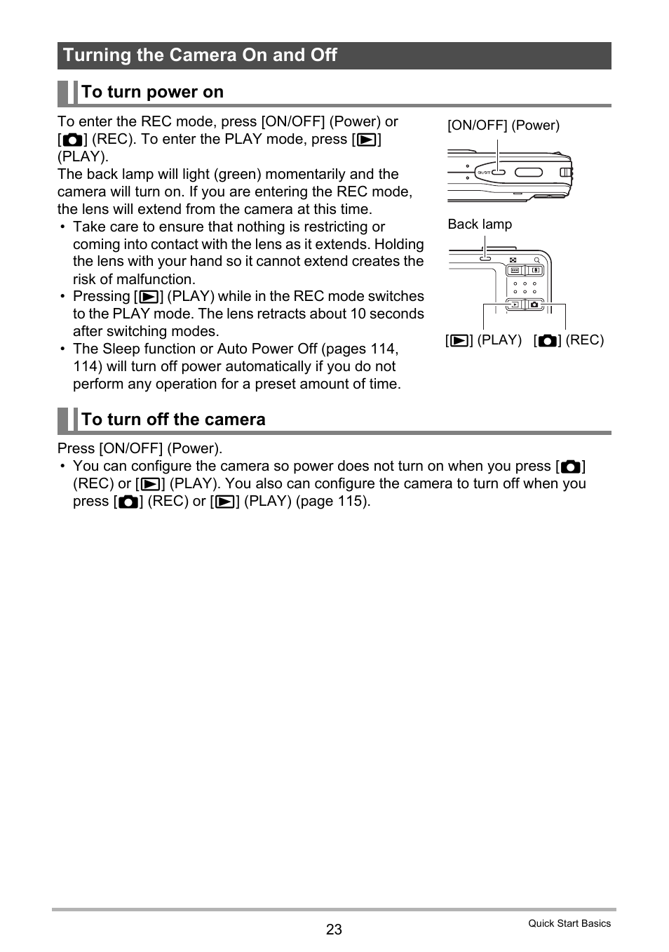 Turning the camera on and off, To turn power on, To turn off the camera | Casio EX-Z29 User Manual | Page 23 / 148