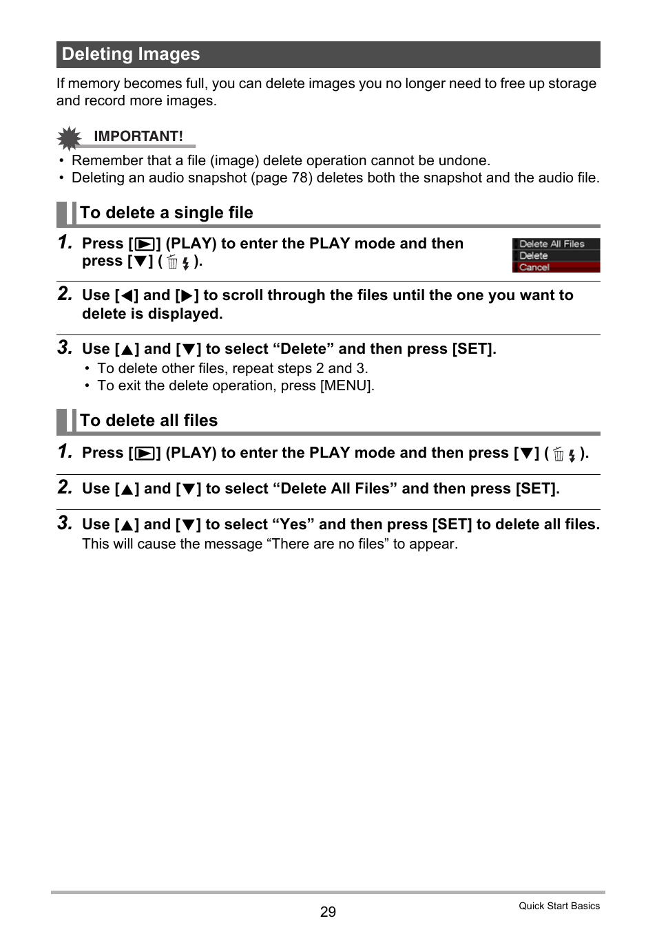 Deleting images, To delete a single file, To delete all files | Casio EX-Z29 User Manual | Page 29 / 148