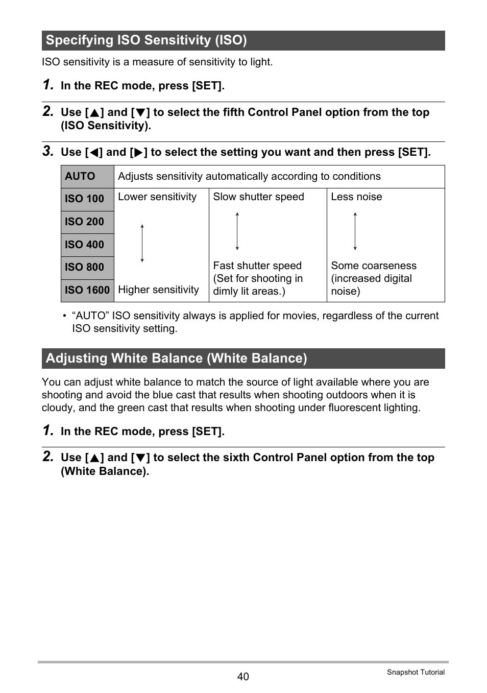 Specifying iso sensitivity (iso), Adjusting white balance (white balance), E 40) | Casio EX-Z29 User Manual | Page 40 / 148