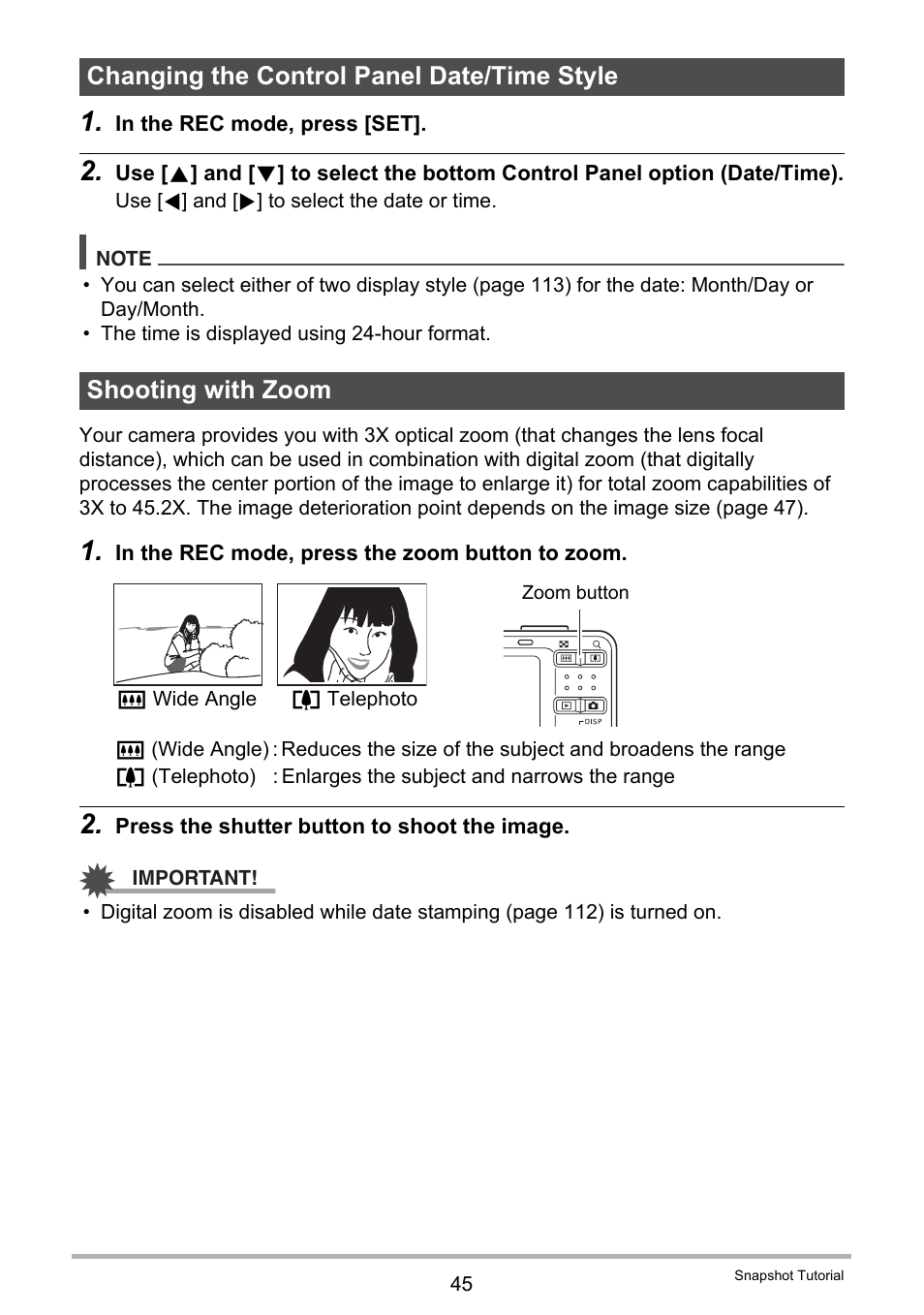 Changing the control panel date/time style, Shooting with zoom | Casio EX-Z29 User Manual | Page 45 / 148