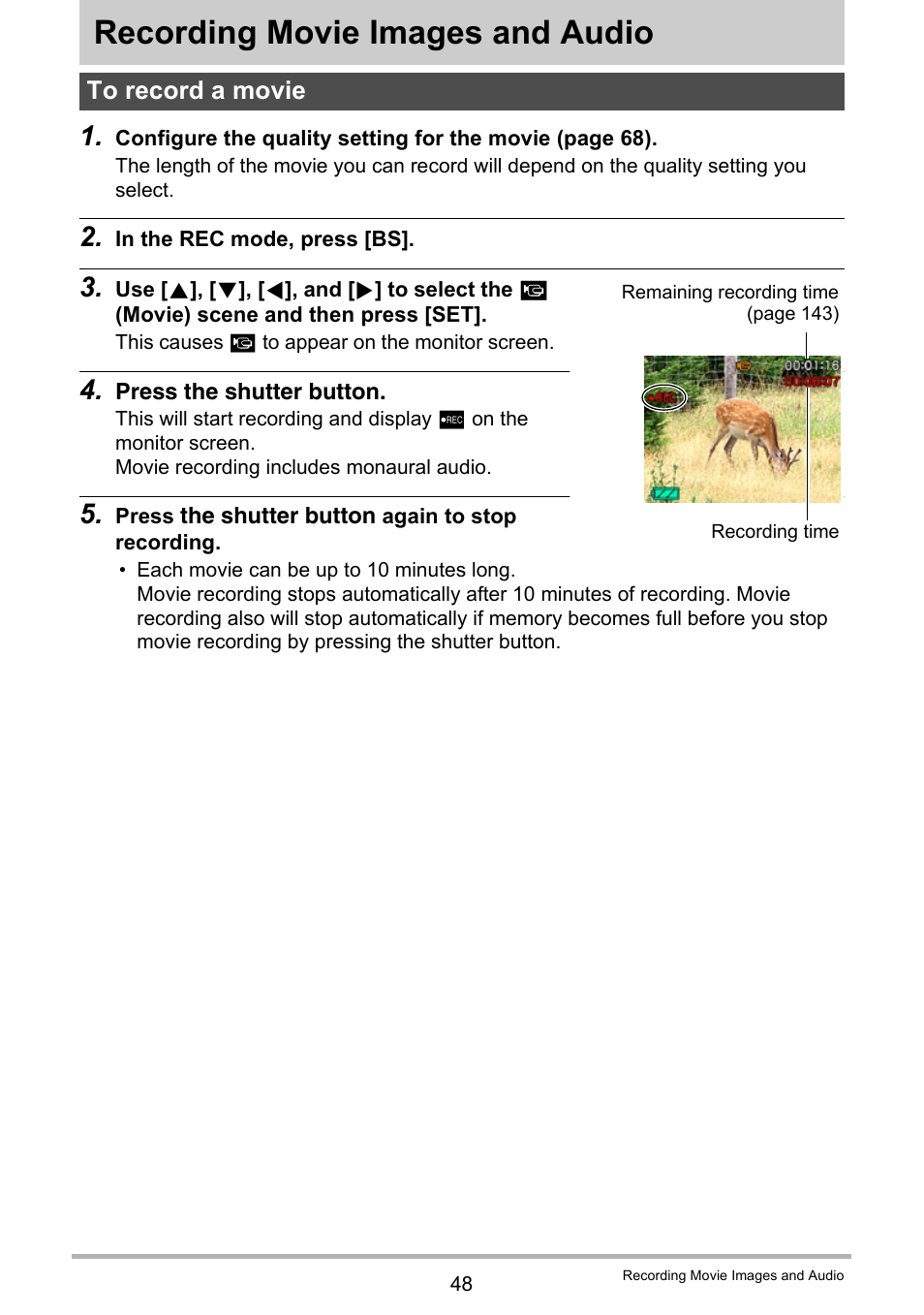 Recording movie images and audio, To record a movie | Casio EX-Z29 User Manual | Page 48 / 148