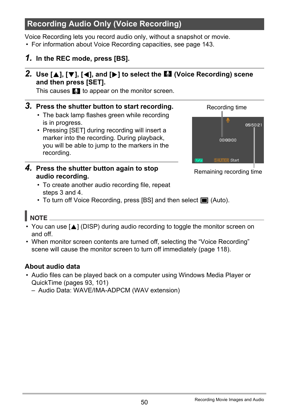 Recording audio only (voice recording) | Casio EX-Z29 User Manual | Page 50 / 148