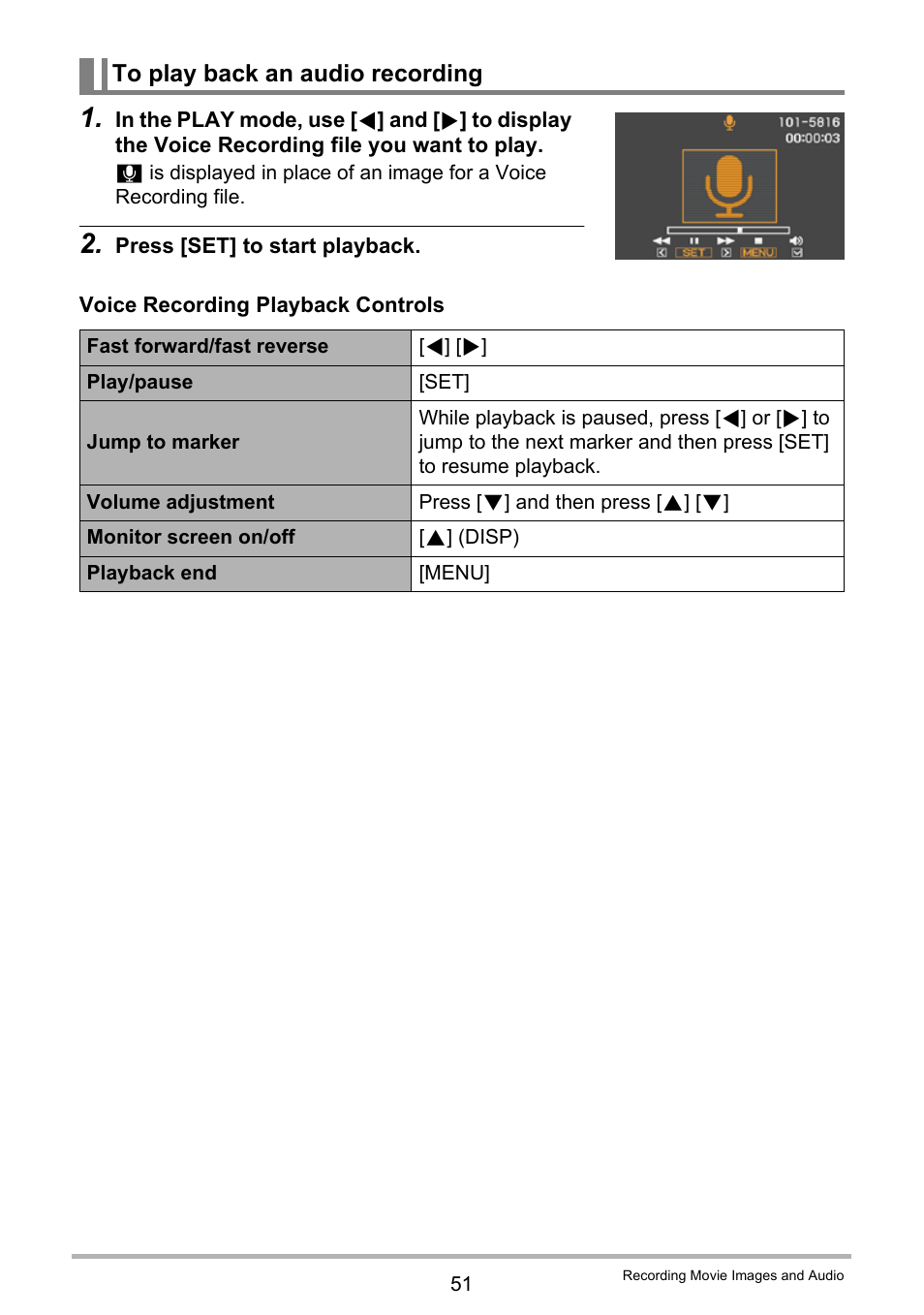 To play back an audio recording | Casio EX-Z29 User Manual | Page 51 / 148