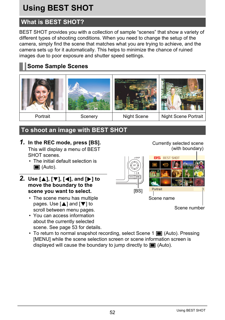 Using best shot, What is best shot, Some sample scenes | To shoot an image with best shot | Casio EX-Z29 User Manual | Page 52 / 148