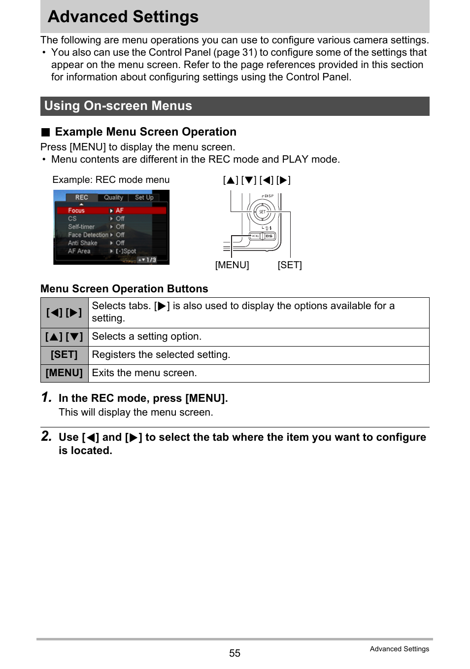 Advanced settings, Using on-screen menus | Casio EX-Z29 User Manual | Page 55 / 148