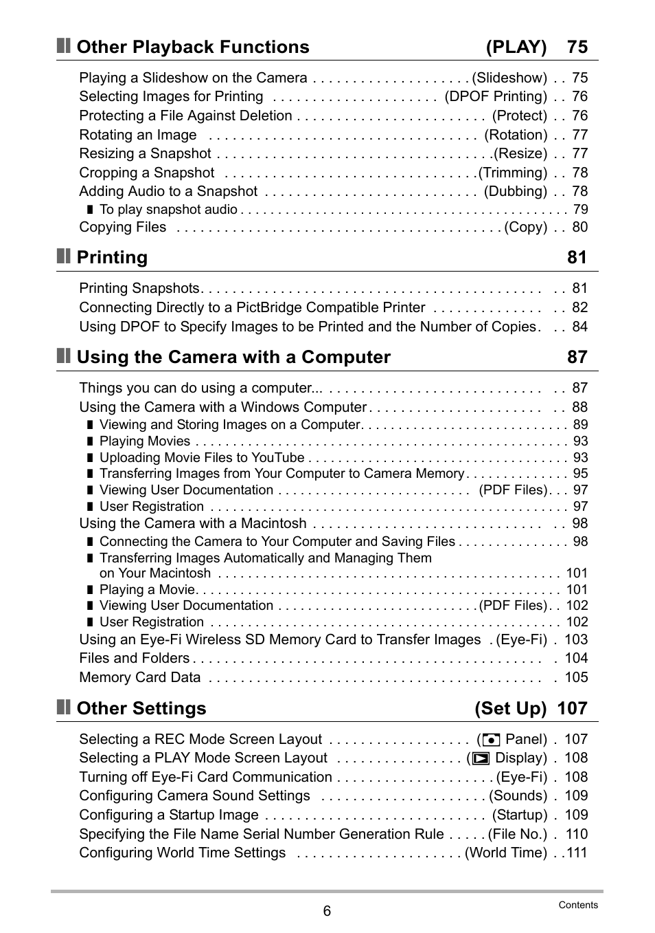 Other playback functions (play) 75, Printing 81, Using the camera with a computer 87 | Other settings (set up) 107 | Casio EX-Z29 User Manual | Page 6 / 148