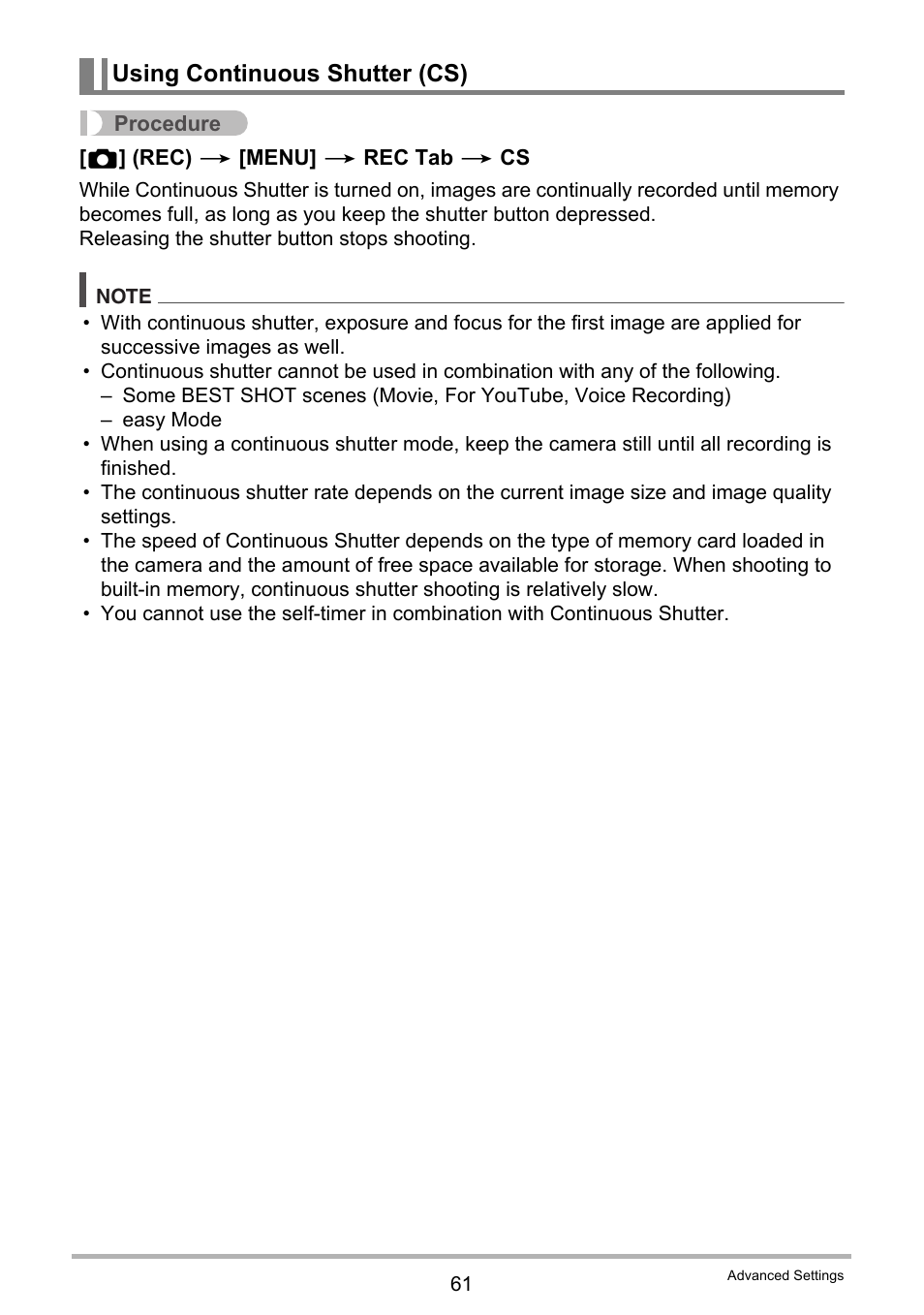 Using continuous shutter (cs) | Casio EX-Z29 User Manual | Page 61 / 148