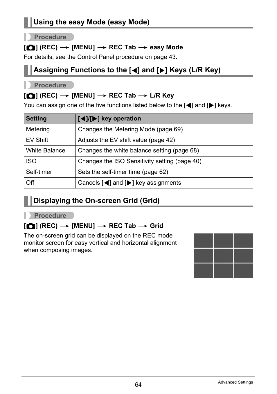 Using the easy mode (easy mode), Displaying the on-screen grid (grid) | Casio EX-Z29 User Manual | Page 64 / 148