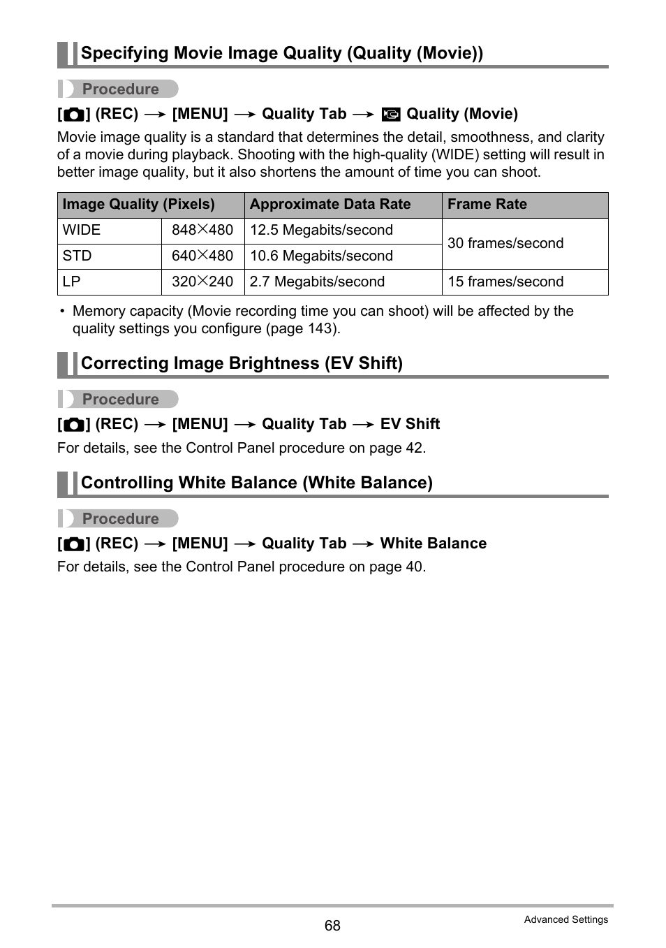 Specifying movie image quality (quality (movie)), Correcting image brightness (ev shift), Controlling white balance (white balance) | Casio EX-Z29 User Manual | Page 68 / 148