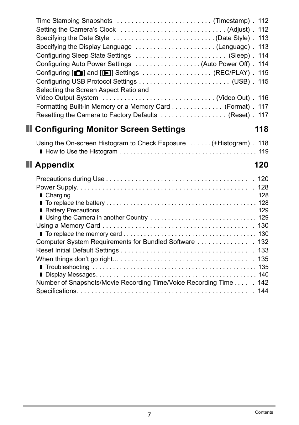 Configuring monitor screen settings 118, Appendix 120 | Casio EX-Z29 User Manual | Page 7 / 148