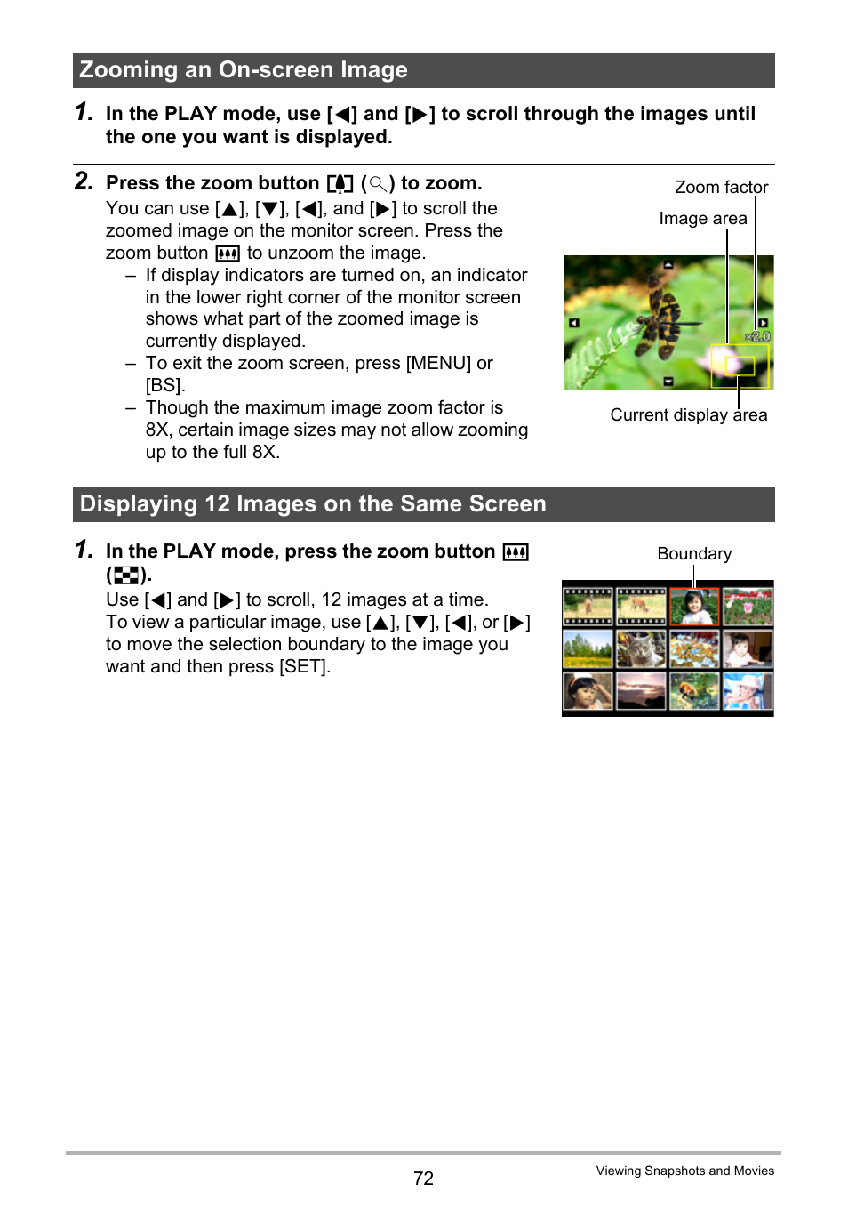 Zooming an on-screen image, Displaying 12 images on the same screen | Casio EX-Z29 User Manual | Page 72 / 148