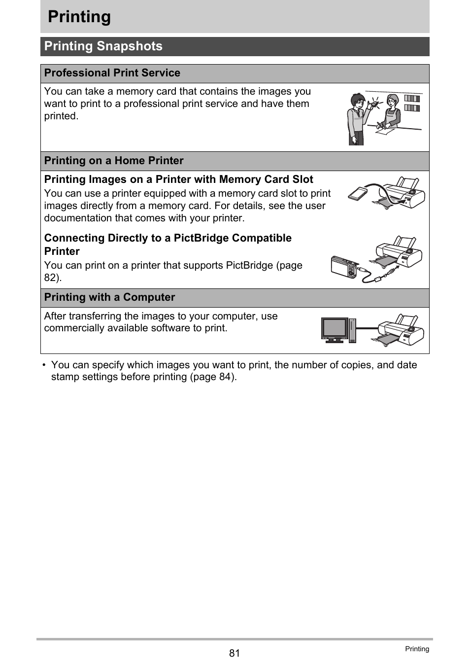 Printing, Printing snapshots | Casio EX-Z29 User Manual | Page 81 / 148