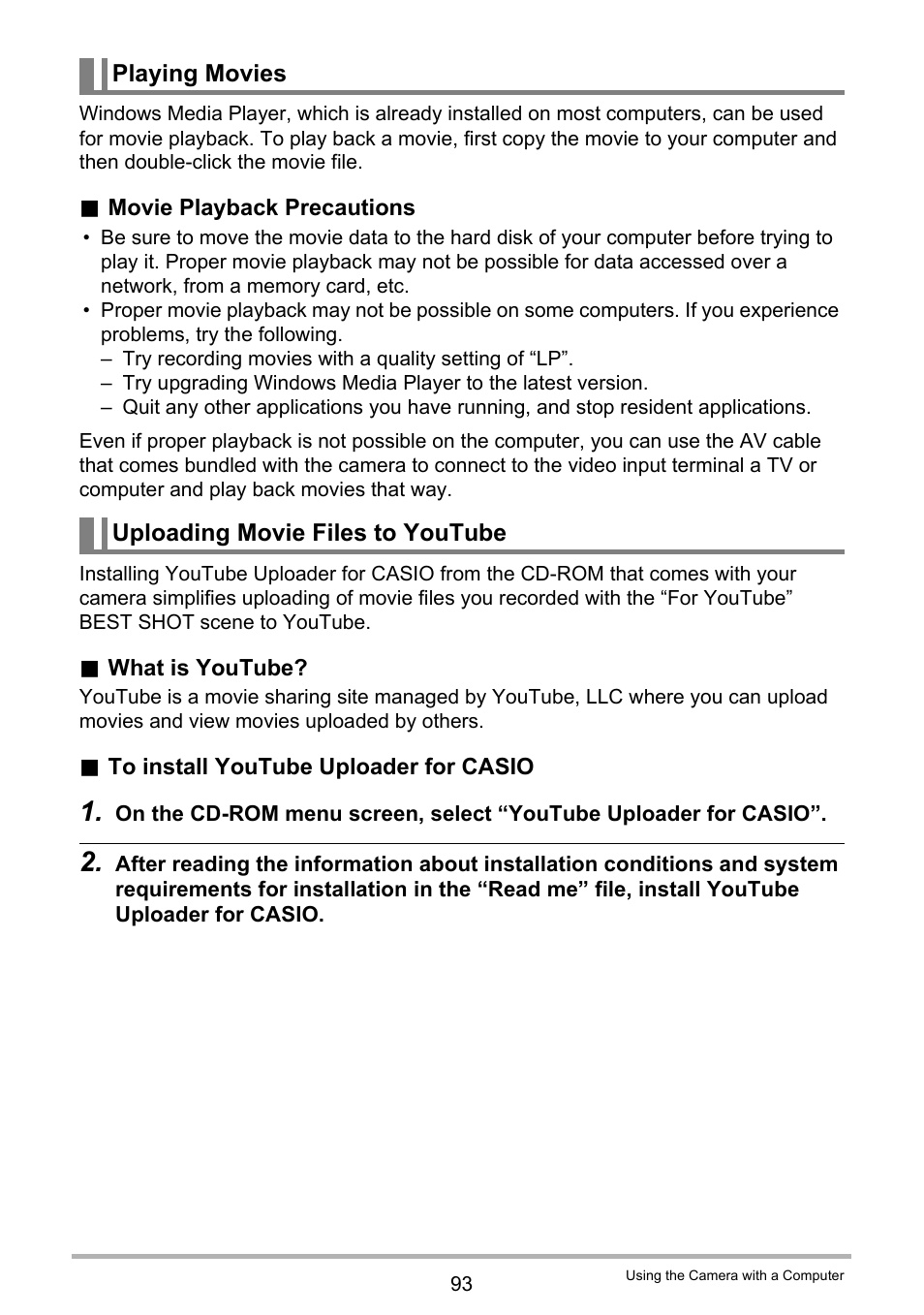 Playing movies, Uploading movie files to youtube, Ges 93 | Casio EX-Z29 User Manual | Page 93 / 148