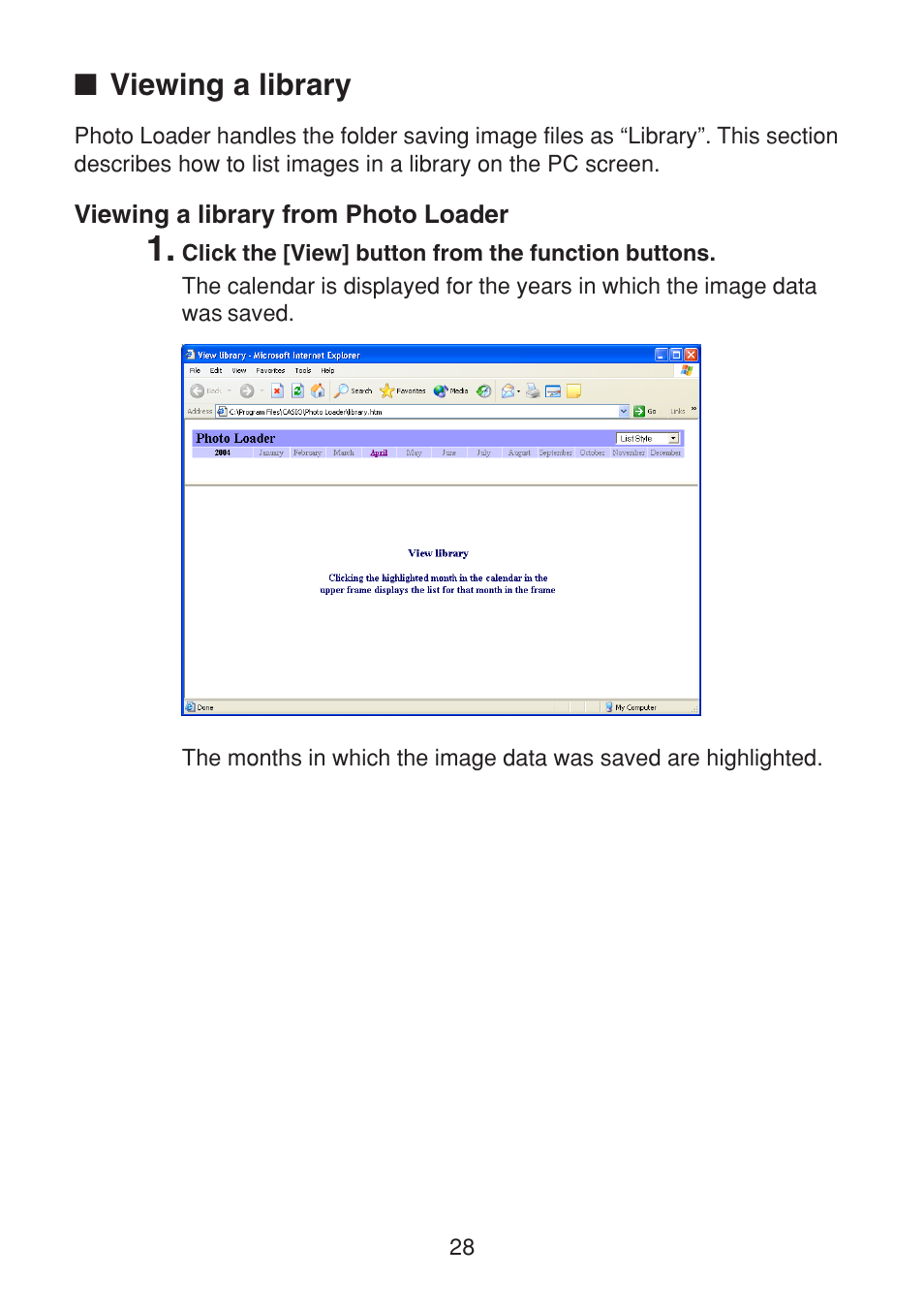 Viewing a library, Viewing a library from photo loader | Casio VERSION 2.3 User Manual | Page 28 / 52