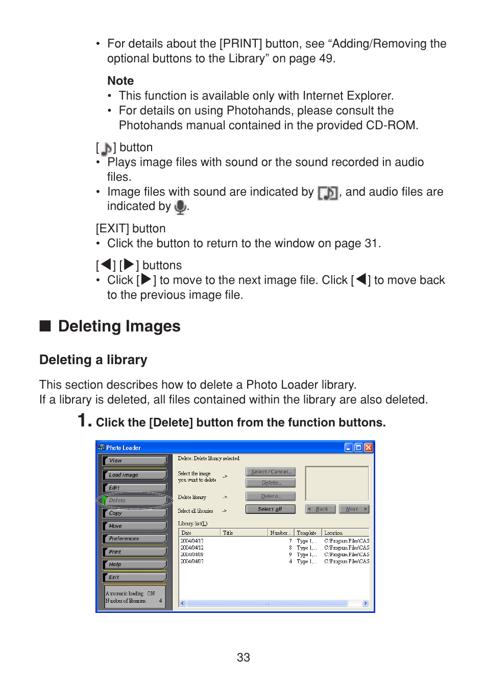 Deleting images, Deleting a library | Casio VERSION 2.3 User Manual | Page 33 / 52