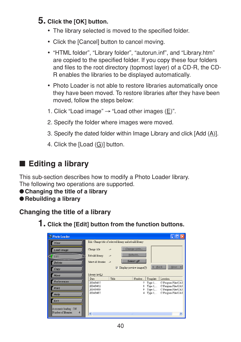 Editing a library, Changing the title of a library | Casio VERSION 2.3 User Manual | Page 40 / 52