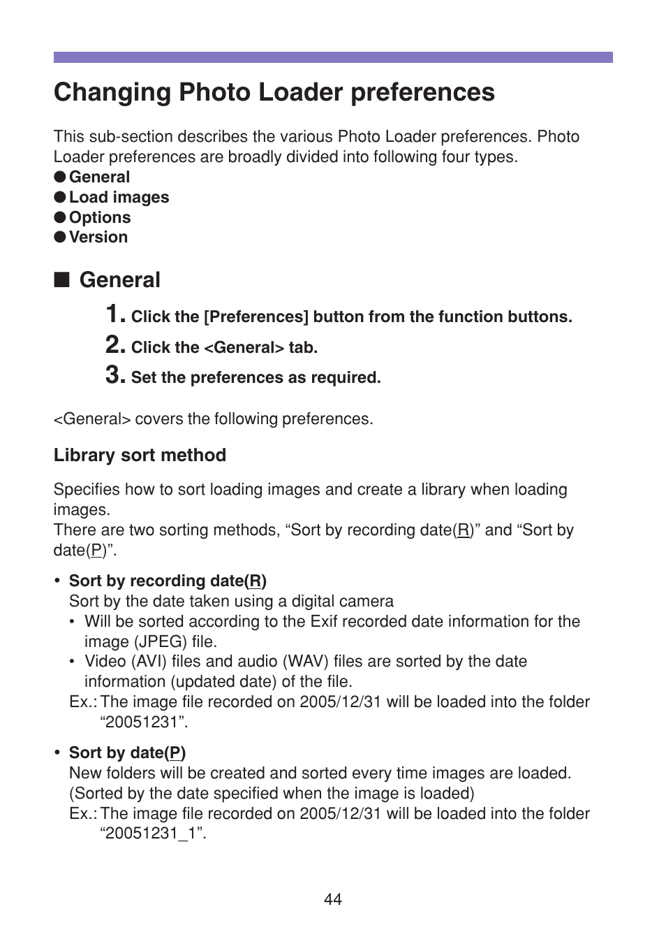 Changing photo loader preferences, General, Library sort method | Casio VERSION 2.3 User Manual | Page 44 / 52