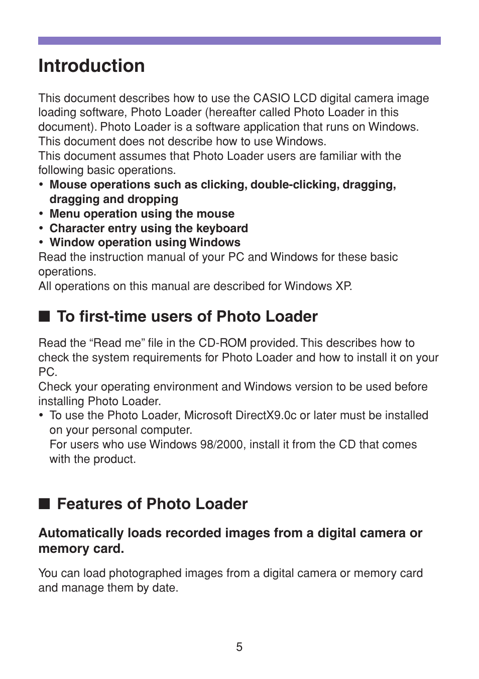 Introduction, To first-time users of photo loader, Features of photo loader | Casio VERSION 2.3 User Manual | Page 5 / 52