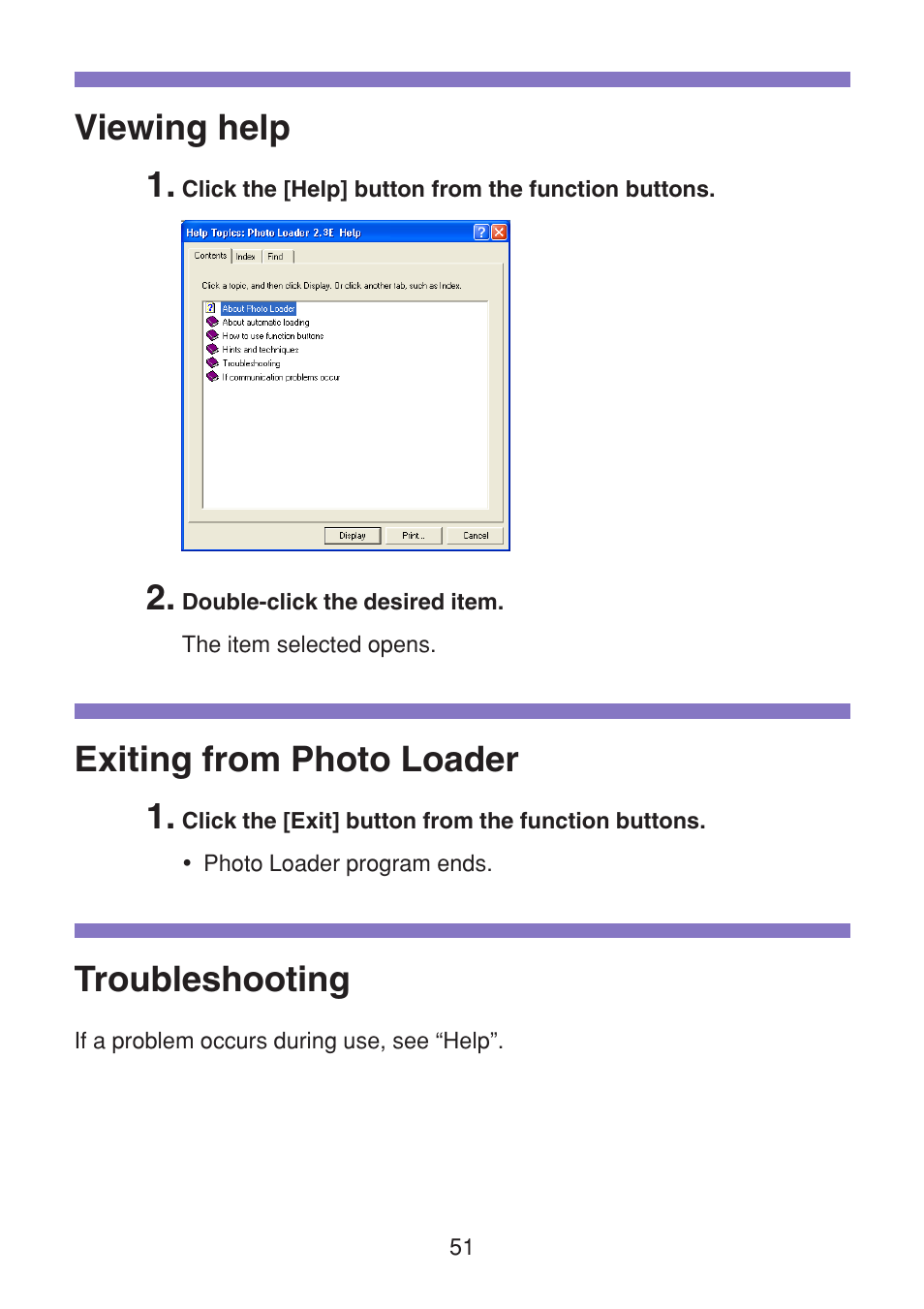 Viewing help, Exiting from photo loader, Troubleshooting | Viewing help 1, Exiting from photo loader 1 | Casio VERSION 2.3 User Manual | Page 51 / 52