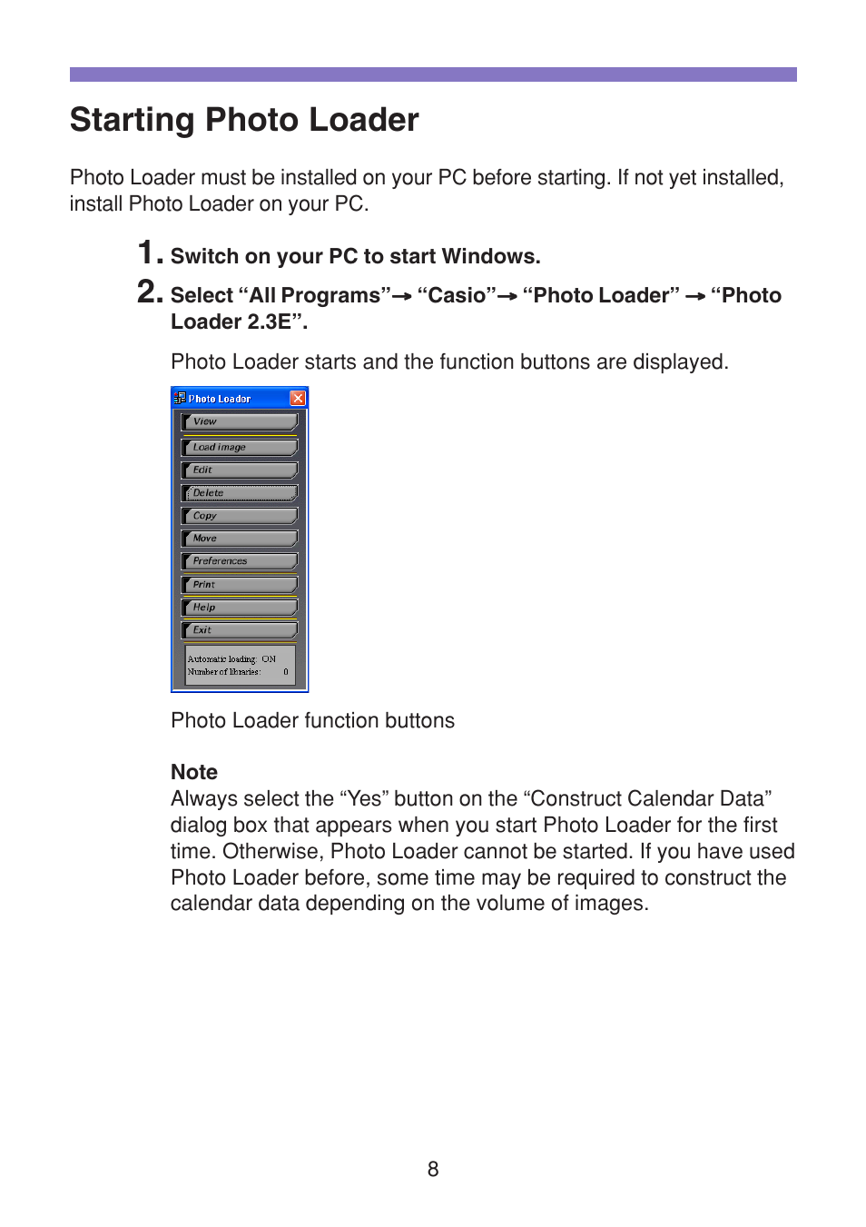 Starting photo loader | Casio VERSION 2.3 User Manual | Page 8 / 52