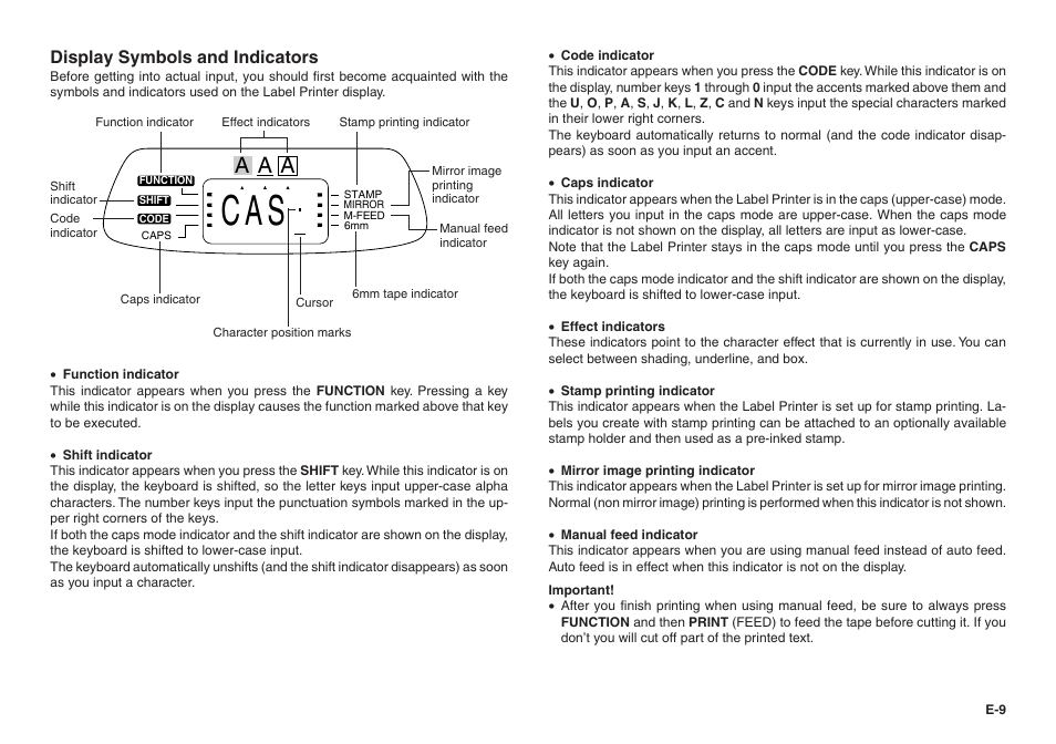 A a a, Display symbols and indicators | Casio KL-70E User Manual | Page 10 / 25