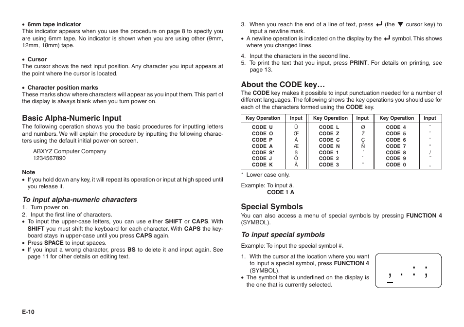 Basic alpha-numeric input, About the code key, Special symbols | Casio KL-70E User Manual | Page 11 / 25