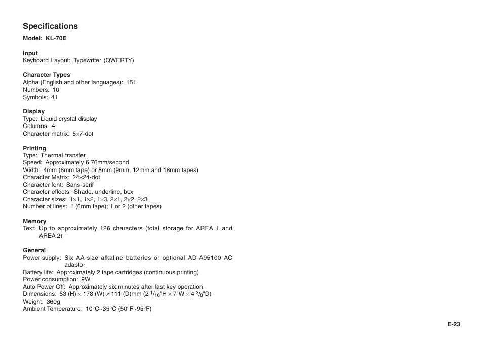 Specifications | Casio KL-70E User Manual | Page 24 / 25