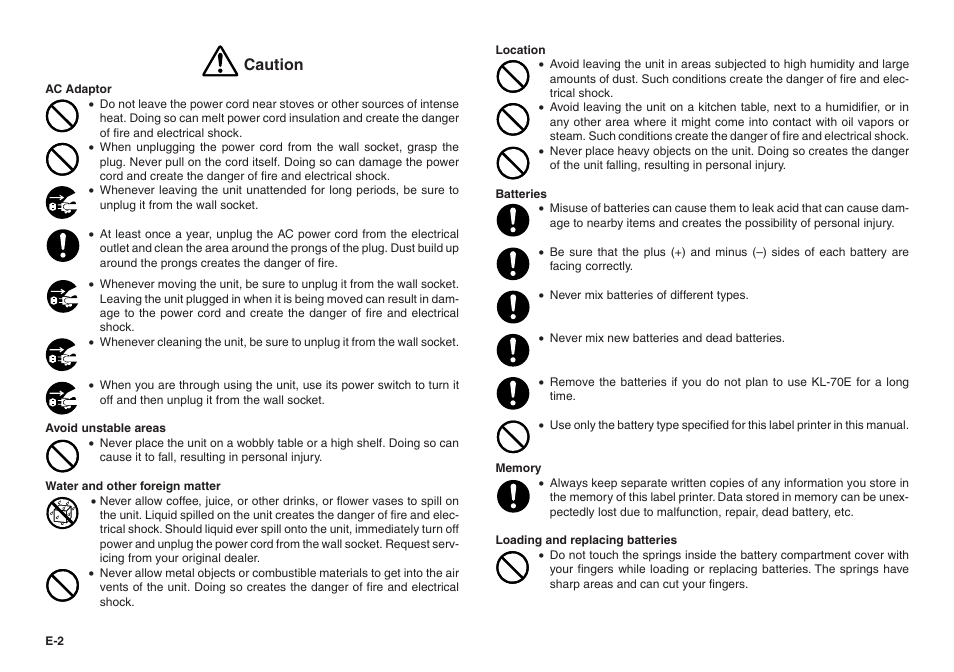 Caution | Casio KL-70E User Manual | Page 3 / 25