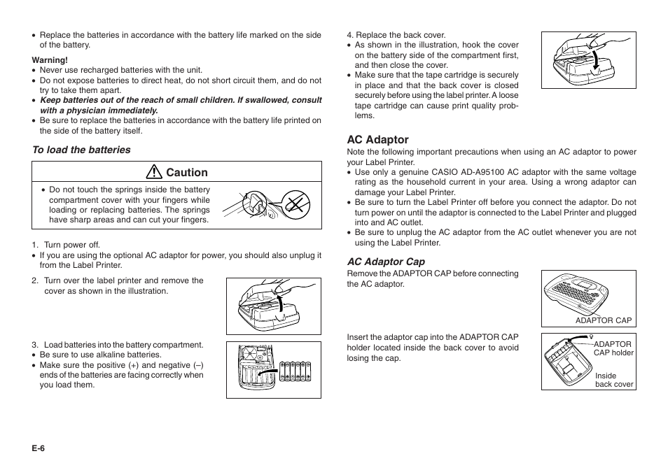 Caution, Ac adaptor | Casio KL-70E User Manual | Page 7 / 25