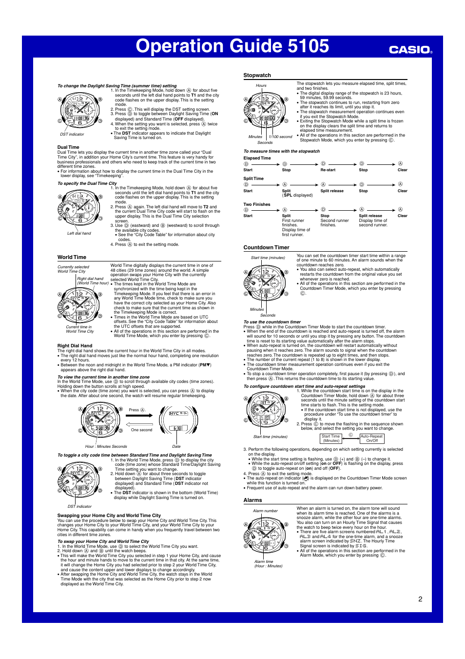 World time, Stopwatch, Countdown timer | Alarms, Operation guide 5105 | Casio 5105 User Manual | Page 2 / 5