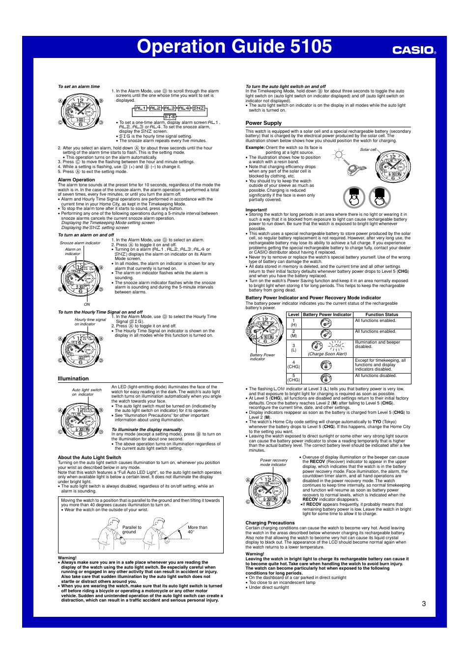 Illumination, Power supply, Operation guide 5105 | Casio 5105 User Manual | Page 3 / 5
