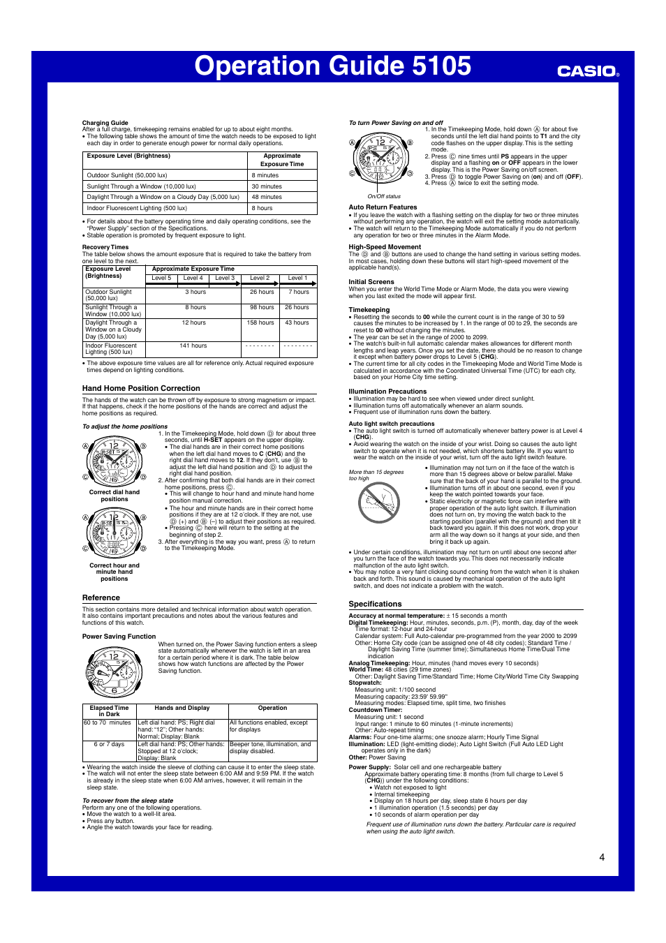 Hand home position correction, Reference, Specifications | Operation guide 5105 | Casio 5105 User Manual | Page 4 / 5