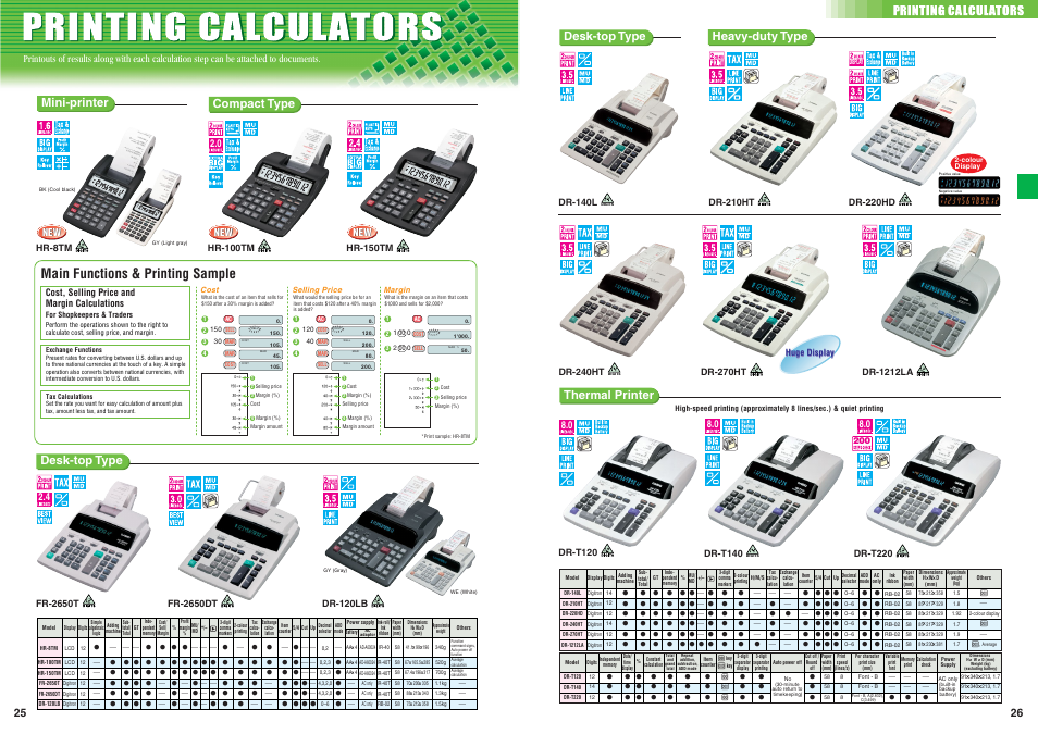 Printing calculators, Main functions & printing sample, Mini-printer | Compact type, Desk-top type, Heavy-duty type, Thermal printer desk-top type | Casio Electronic Calculator User Manual | Page 14 / 16