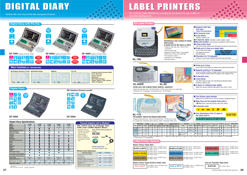 Digital diary, Label printers, Digital diary with pc-link | Main functions, Ez-label printer, Label printer options, Kl-60sr, Kl-170 | Casio Electronic Calculator User Manual | Page 15 / 16
