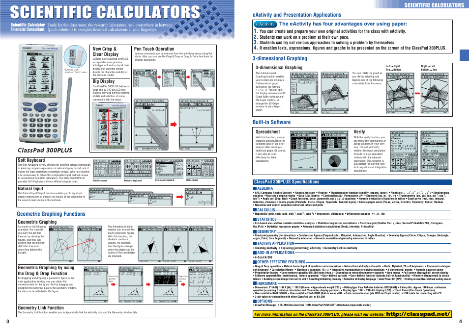 Scientific calculators, Geometric graphing functions, Eactivity and presentation applications | Dimensional graphing 1, Built-in software, Eactivity, The eactivity has four advantages over using paper | Casio Electronic Calculator User Manual | Page 3 / 16